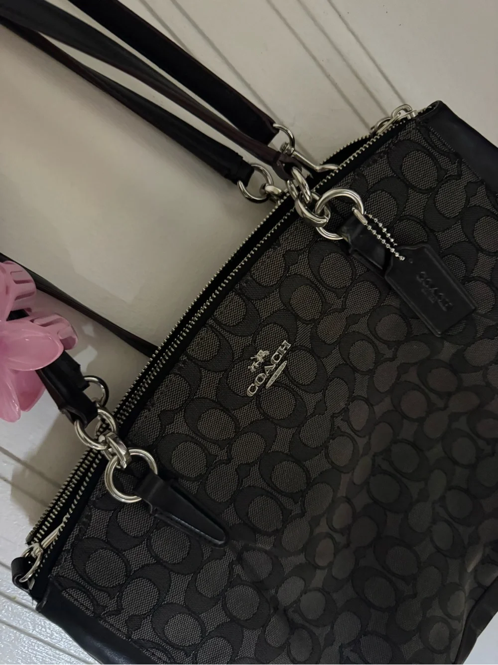 Coach Black Signature Shoulder Tote with Silver Hardware